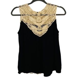 Monteau | Boho Black & Cream Crocheted Top | Size L